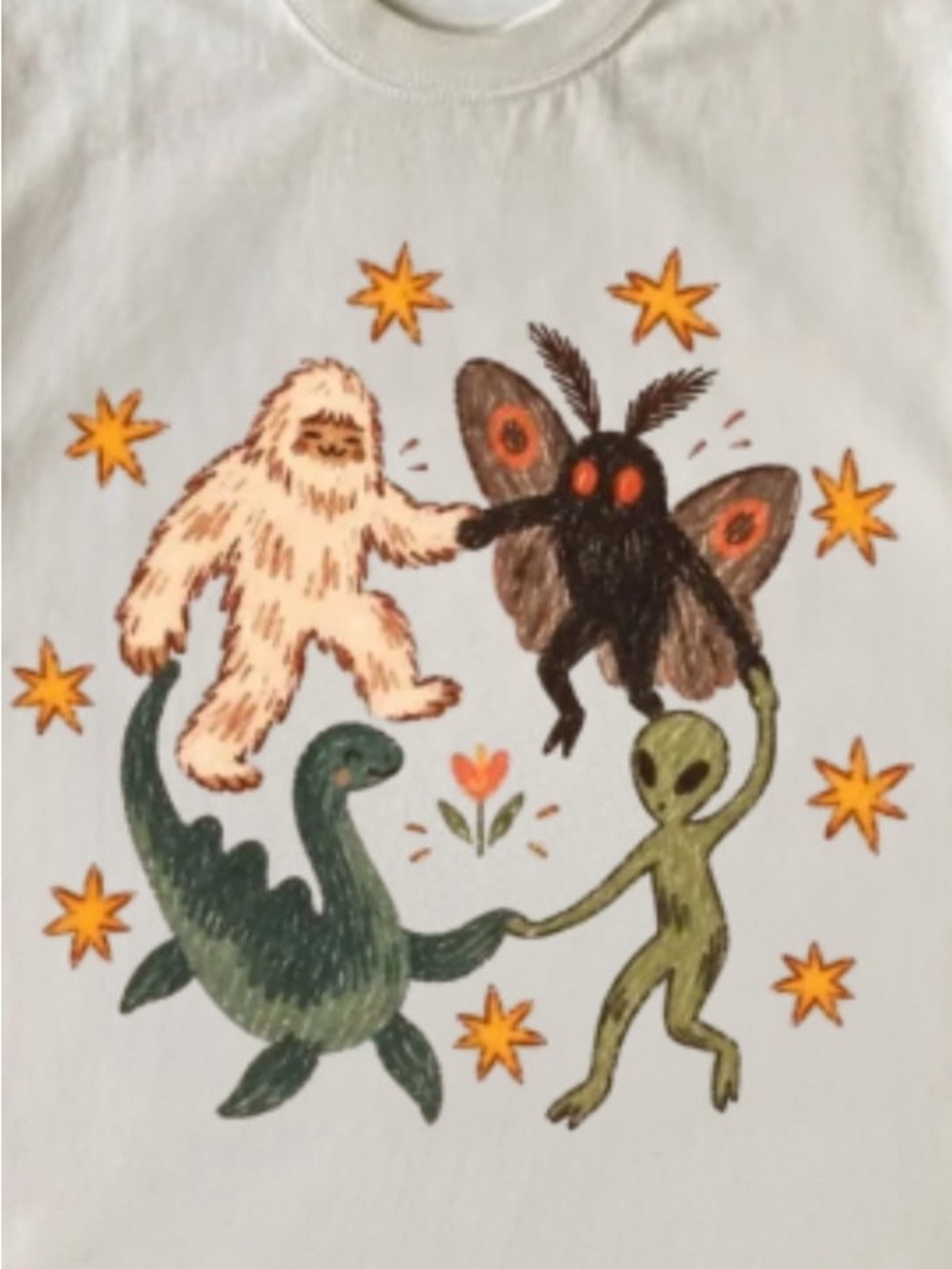 Cream Tee with Monster, Moth, Nessie and Alien Graphic - Picture 2 of 4
